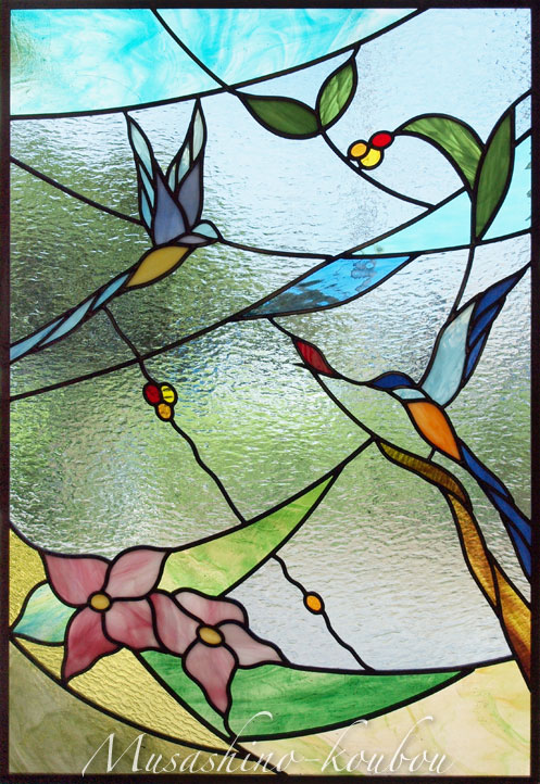 ステンドグラス　花と鳥